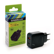 СЗУ ERGOLUX ELX-РA01QC-C02 (18Вт 1USB+1Type C, 100-220В, 5-9V/3А, QC, Чер)