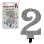 Свеча для торта цифра 2 серебро, глит., подст., 1шт/бл 115601