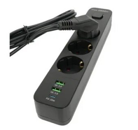 Perfeo сетевой фильтр "POWER SPRING", 2500W, 4,0м, 3 розетки, 2USB +1TYPE-C (QC3.0+PD 20W) черный.