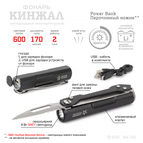 Фонарь ЭРА MA-702 АРМИЯ РОССИИ универс. Кинжал (8Вт, алюм, диммер, нож, Li акк 2,5Ач. PowerBank)