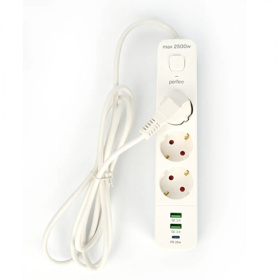 Perfeo сетевой фильтр "POWER SPRING", 2500W, 2,0м, 3 розетки, 2USB +1TYPE-C (QC3.0+PD 20W) белый.
